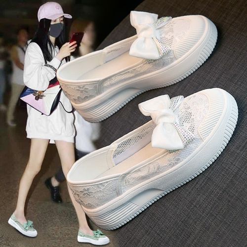 搭配裙子的小白鞋女鞋夏季薄款网面鞋透气蕾丝厚底浅口一脚蹬单鞋