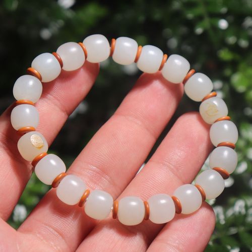 方言新品和田玉精品级新疆挂金皮白玉籽料老型珠手串手链o