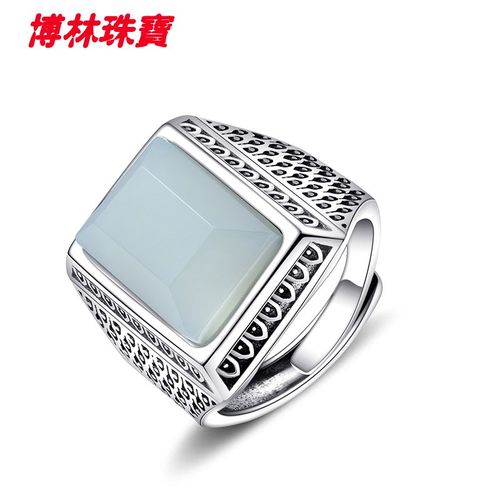 天然和田玉白玉s925银高感男士款戒指开口复古方形宝石指环 s925银