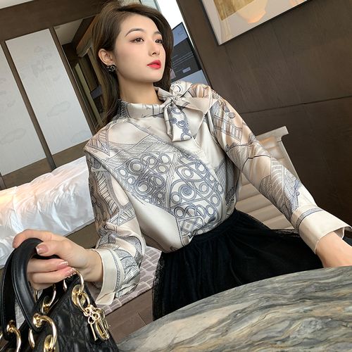 加比gaby赫本风气质真丝斜纹印花衬衣小众设计修身显瘦飘带上衣女