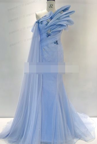 高定颁奖典礼礼服单肩蓝色主持人礼服超仙红毯走秀礼服独唱演出服
