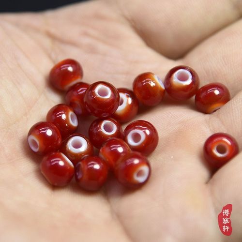 老琉璃珠子 手工瓷白套料老琉璃珠子红色白芯琉璃珠子饰品配珠8mm