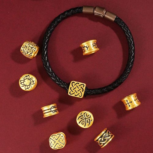 黄金足金3d硬金刺青图腾手链男女款皮绳手镯转运珠信念守护周生活