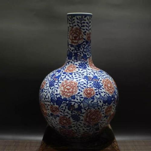 清乾隆景德镇民官窑青花釉里红万花天球瓶手工家居摆件瓷器收藏