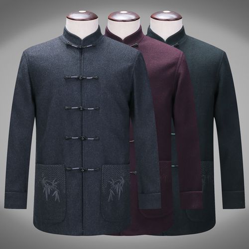 中老年唐装秋冬装 男士长袖唐装男毛呢中式纯色服装外套 唐装男