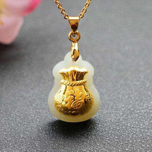 眷钰 天然金镶和田玉吊坠项链足金黄金玉石玉器珠宝首饰礼物0401