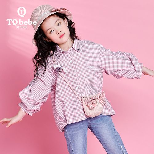 淘气贝贝女童春秋装上衣衬衫格子衫灯笼袖中大童童装女孩小学生