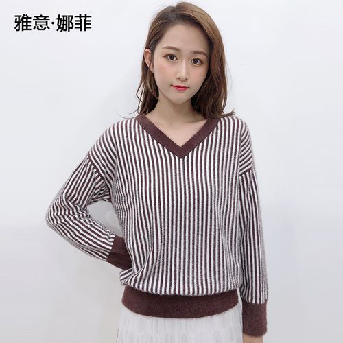 雅意娜菲女装正品2020冬季新款长袖圆领竖条纹毛衣女宽松针织衫