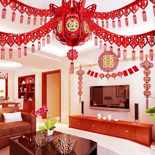 新婚房装饰房间庆置新郎家客厅房顶e拉花吊顶简单大布婚气用品大