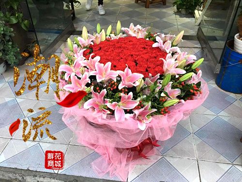 郑州鲜花店速递99朵康乃馨粉色香水百合混搭花束同城送花上门