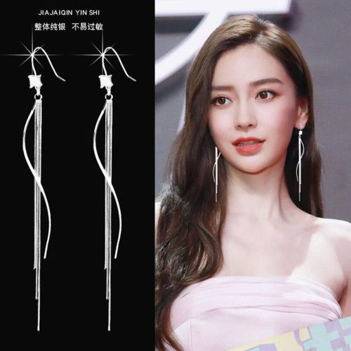 週六福珠宝流苏耳环女纯银显脸瘦长款气质简约星星耳线小众设计高