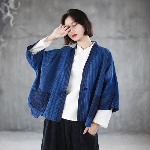 春秋日系条纹短外套女复古九分袖系带开衫藏蓝色棉布拼接宽松上衣