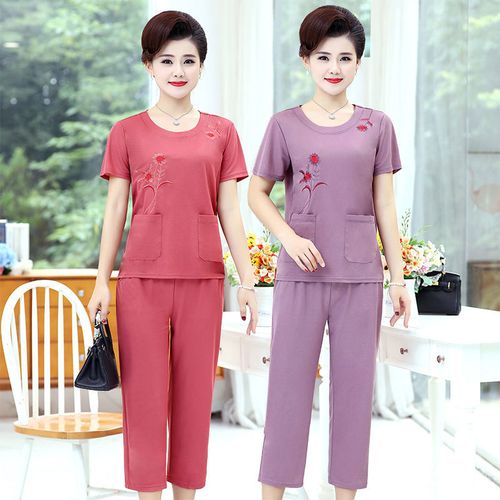 妈妈装夏装套装2020新款潮夏季老年女休闲两件套中年女装夏天服装