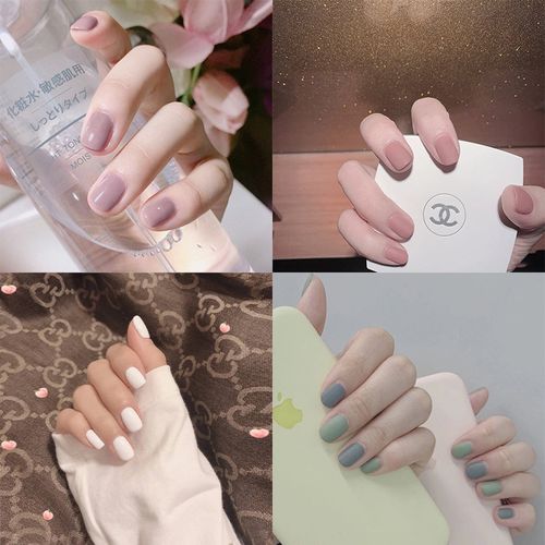 纯色美甲贴片穿戴甲短款裸色磨砂豆沙粉显白自然可拆卸假指甲贴片