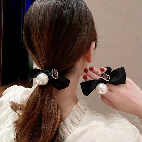 珍珠蝴蝶结头绳女网红方块水钻气质扎马尾发绳丸子头皮筋发圈百搭