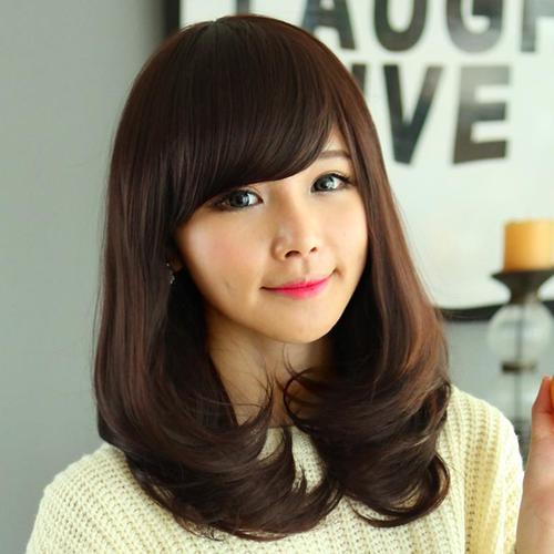 2019新款抖音假发女梨花头蓬松圆脸自然逼真斜刘海中长发全头套