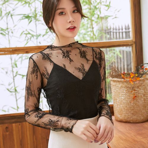 长袖透视上衣渔网纱t恤镂空网状薄纱性感打底衫大码女装透明黑色