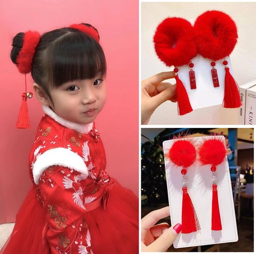 小熙瓜新年大红色毛绒发圈喜庆吉祥娃娃发饰过年拜年发型丸子头