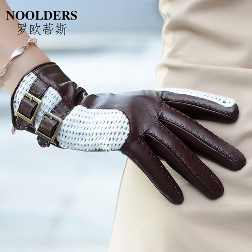 罗欧蒂斯羊皮手套女士秋冬时尚保暖皮手套个性针织皮革手套薄款女