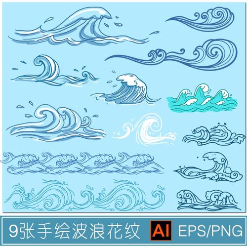 手绘日式线条波浪海浪浪花波纹图案ai矢量png免抠平面设计素材