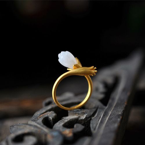 天然和田玉花朵戒指女士天然s925纯银开口中式复古中国风指环戒指