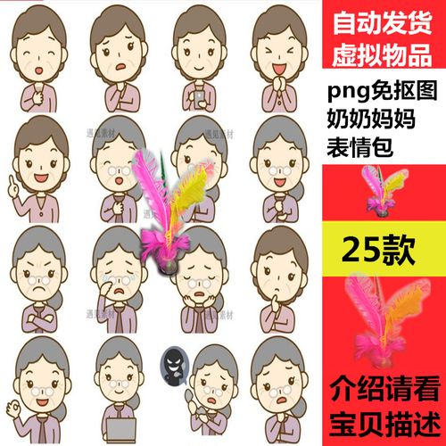 25款手绘卡通妈妈奶奶中年老年妇性女人物表情png免