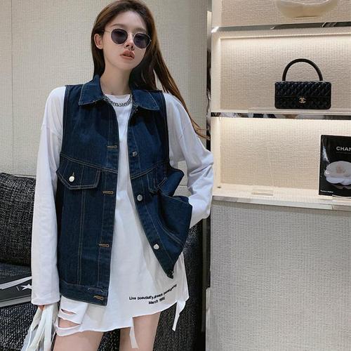 牛仔马甲女春秋薄款宽松外搭坎肩个性时尚工装无袖外套深蓝色上衣【15