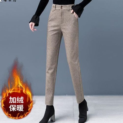 加绒加厚毛呢裤子女秋冬2021新款高腰显瘦萝卜烟管休闲哈伦裤外穿