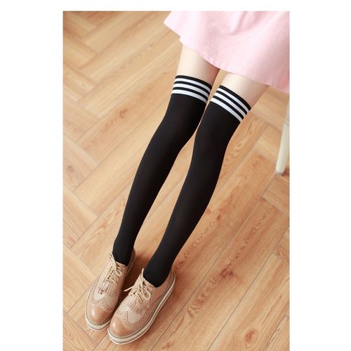 长筒袜女过膝春秋日系学院风学生三条杠条纹高筒袜黑白色防滑丝袜