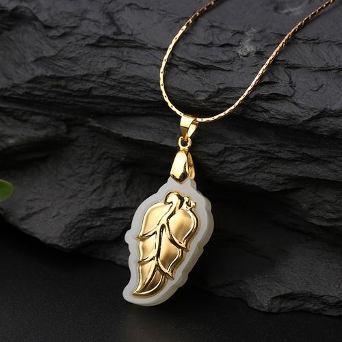 【送证书】吉运泰饰品男女式天然和田金镶玉树叶吊坠