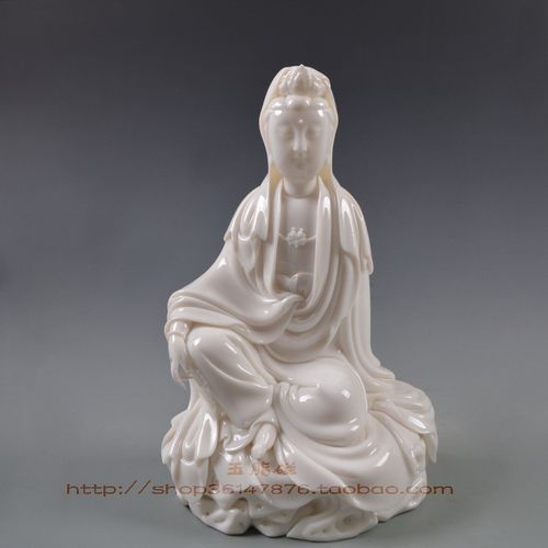 12寸仿何朝宗坐岩披坐观音 德r化白陶瓷居家供奉a菩萨佛像摆件 包