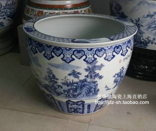 景德镇睡莲金鱼缸山川荷花缸特大青花陶瓷器吐秀图鱼缸缸手绘