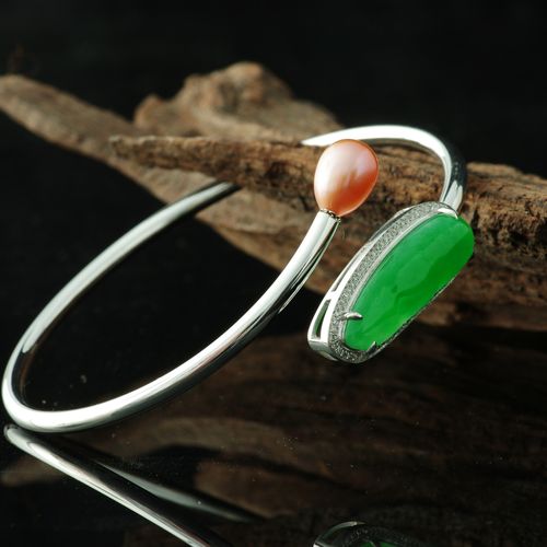 {赏}·18k金镶嵌 四季豆手镯 阳绿福豆翡翠 珍珠镯子女  浣仙梦翠