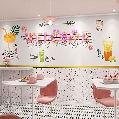 时尚休闲创意奶茶店墙纸店面装饰小吃店休闲甜品店冷饮店水吧壁纸