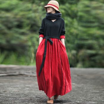 素订子木牧棉麻民族风棉麻连衣裙女秋装新款文艺大码长袖连衣裙女民族