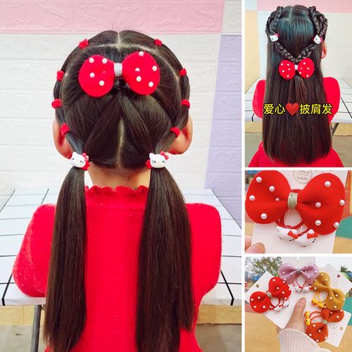 新年儿童编发蝴蝶翅膀发型小熙瓜简约珍珠毛绒蝴蝶结