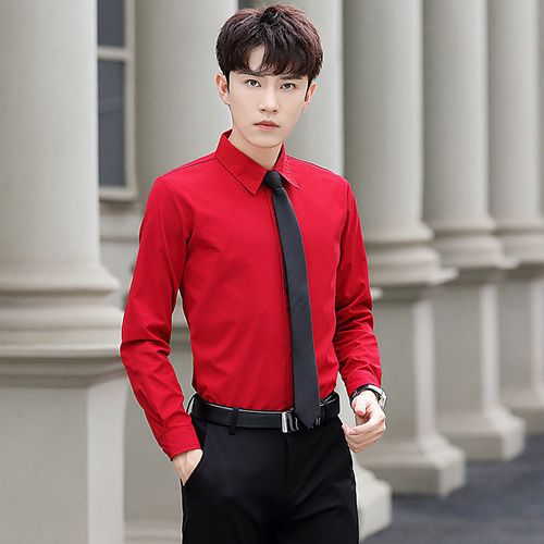 新郎衬衫男长袖红色结婚衣服秋季休闲韩版潮流修身伴郎服男装衬衣