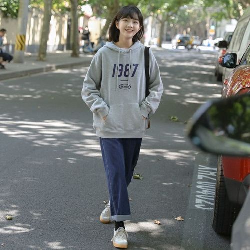 春秋季新款bf原宿风套装女学生宽松连帽卫衣搭配直简牛仔裤两件套