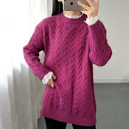 冬季新款蕾丝花边园领假两件中长款毛衣女外套加厚麻花针织衫打底