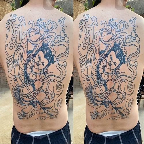 哪吒闹海满背线条花臂花腿防水持久纹身贴男女款割线哪吒抽龙筋刺