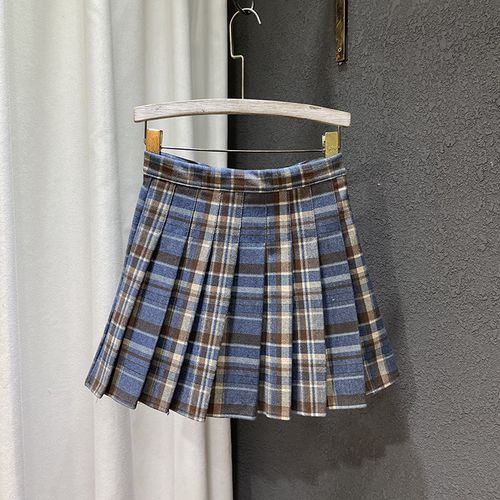 2021年秋冬新款时尚显瘦百搭修身做旧毛呢休闲百褶裙女格子短裙潮
