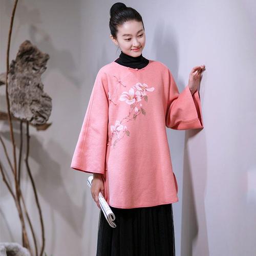 秋冬新款女装毛呢中式茶人服女外套宽松唐装盘扣上衣手绘禅修服女