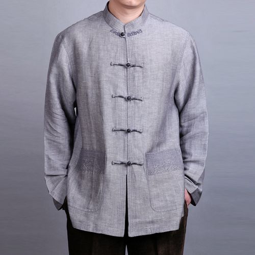 亚麻男士唐装秋季盘扣上衣 中老年亚麻休闲春秋长袖爸爸唐装大码