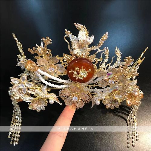 新款韩式高端奢华气质金色花朵水钻流苏中式新娘秀禾服龙凤褂头饰