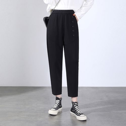 黑色老爹裤女2022新款春秋季高腰显瘦大码小脚裤子九分休闲哈伦裤