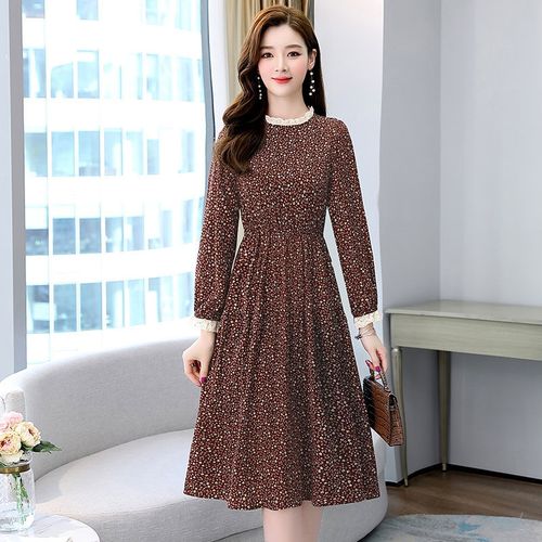 【杭州品牌】连衣裙女春秋季2021女装新款膝收腰显瘦碎花长裙子