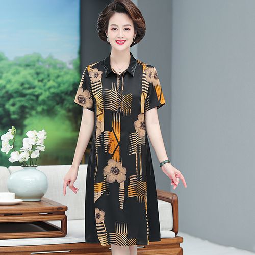 水云间官方旗舰店女装新款中老年妈妈夏装翻领仿真丝印花连衣裙子