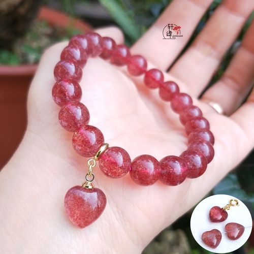 天然原矿红草莓晶爱心形隔珠吊坠配饰蔷薇水晶diy串手链横坚通孔