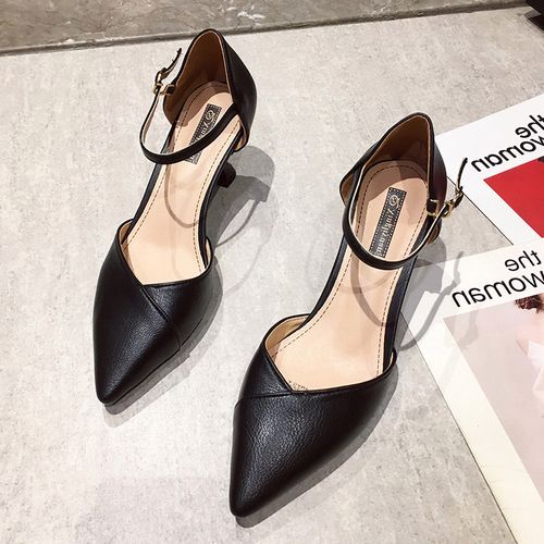 包脚凉鞋女尖头细跟一字扣带高跟鞋春季罗马鞋仙风百搭包头凉鞋 黑色