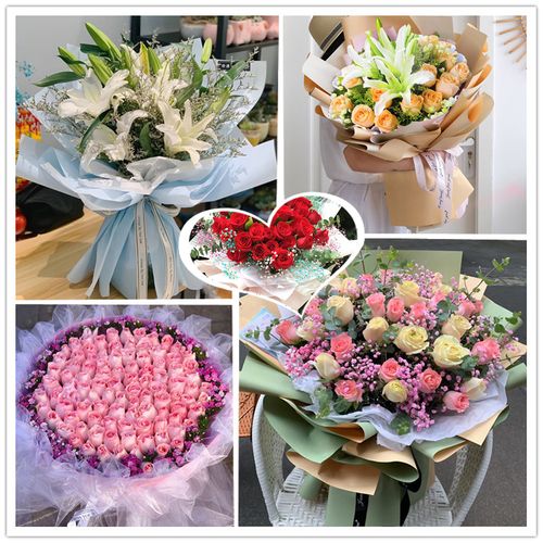 混搭粉香槟蓝白红玫瑰百合满天星重庆市南岸北碚区鲜花束同城速递